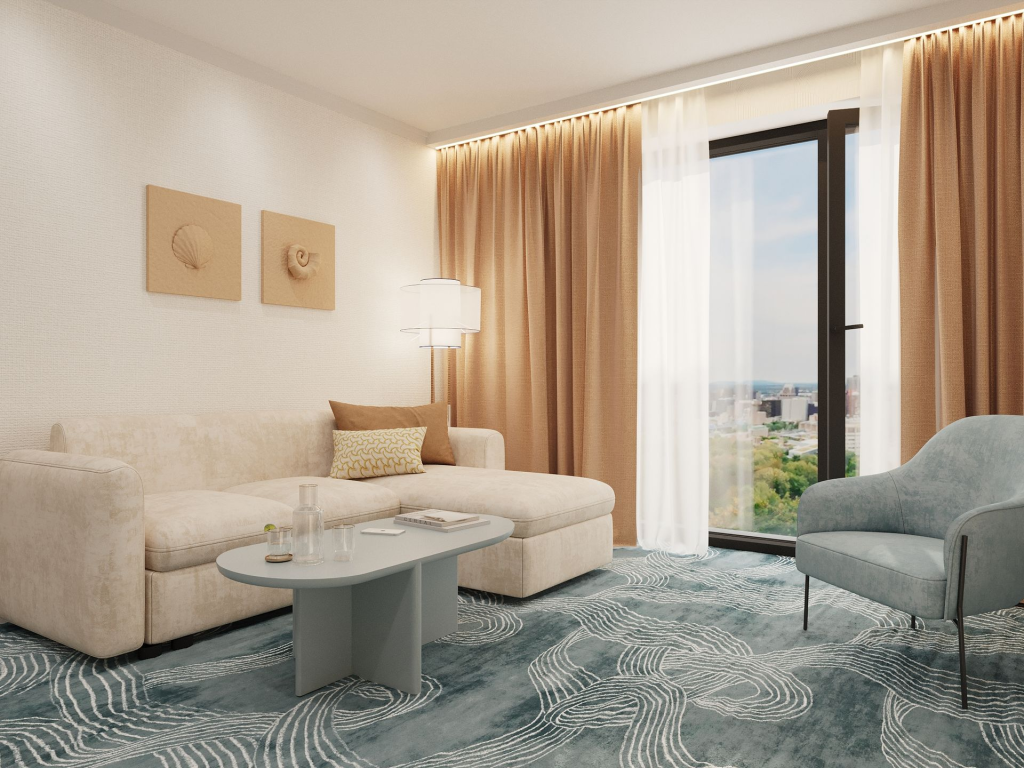 Nowoczesny salon w apartamencie Linea Mare w Kołobrzegu z jasną sofą, fotelem, stolikiem kawowym i dużym oknem z widokiem na miasto.