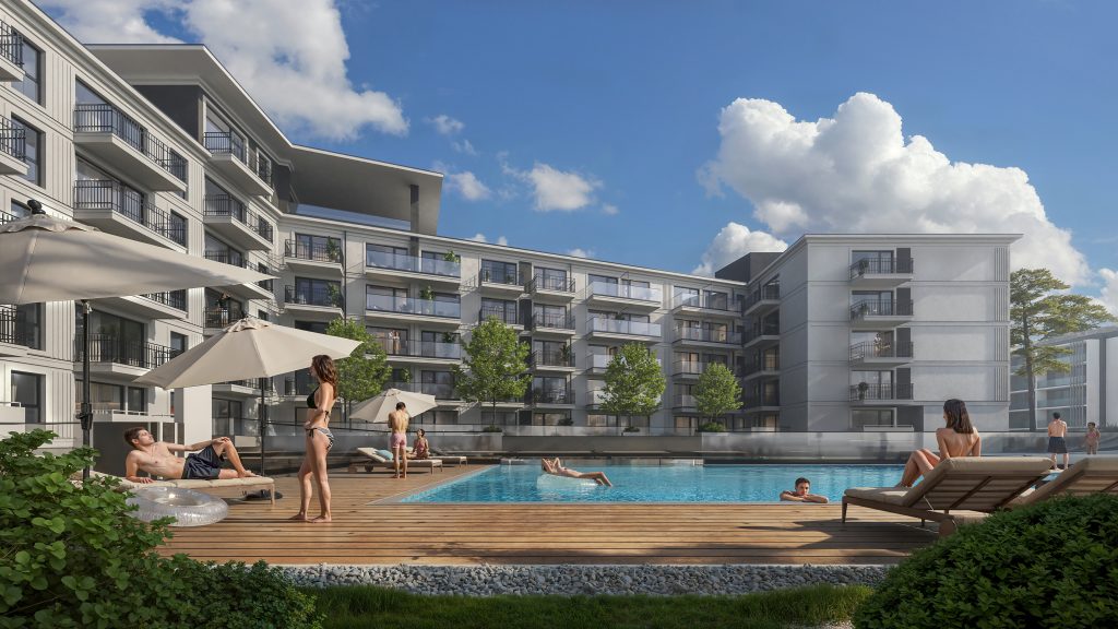 Basen zewnętrzny i strefa relaksu przy apartamentach Linea Mare Kołobrzeg z leżakami, parasolami i nowoczesną zabudową w tle.