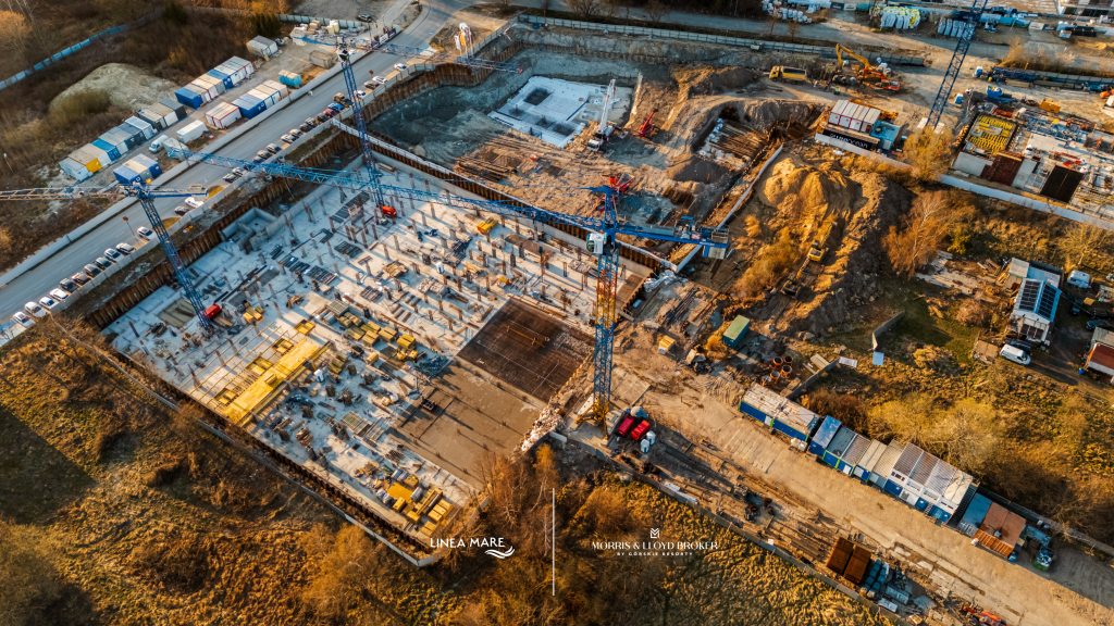 Budowa Linea Mare w Kołobrzegu w kwietniu 2026 – widok z góry na fundamenty, żurawie i prace ziemne