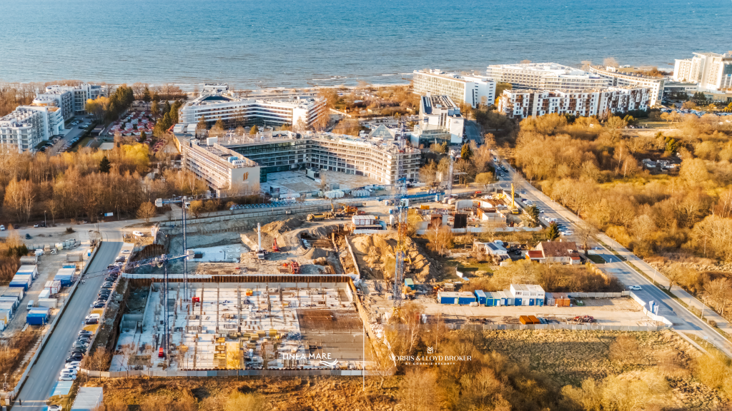 Postęp prac na budowie Linea Mare w Kołobrzegu w kwietniu 2026 – widok z lotu ptaka na fundamenty i teren inwestycji