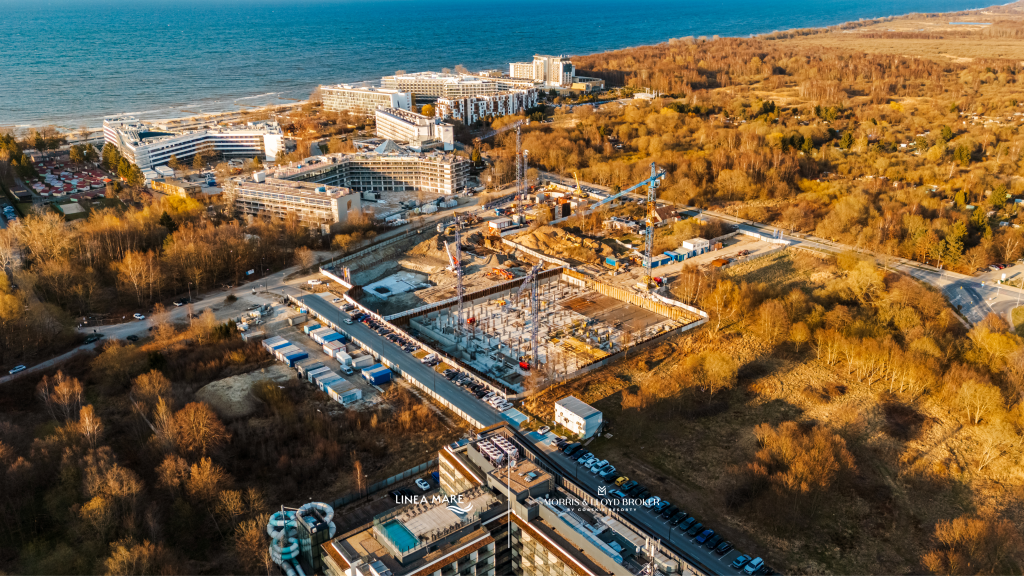 Budowa Linea Mare w Kołobrzegu w kwietniu 2026 – szeroki widok z lotu ptaka na teren inwestycji i prace fundamentowe